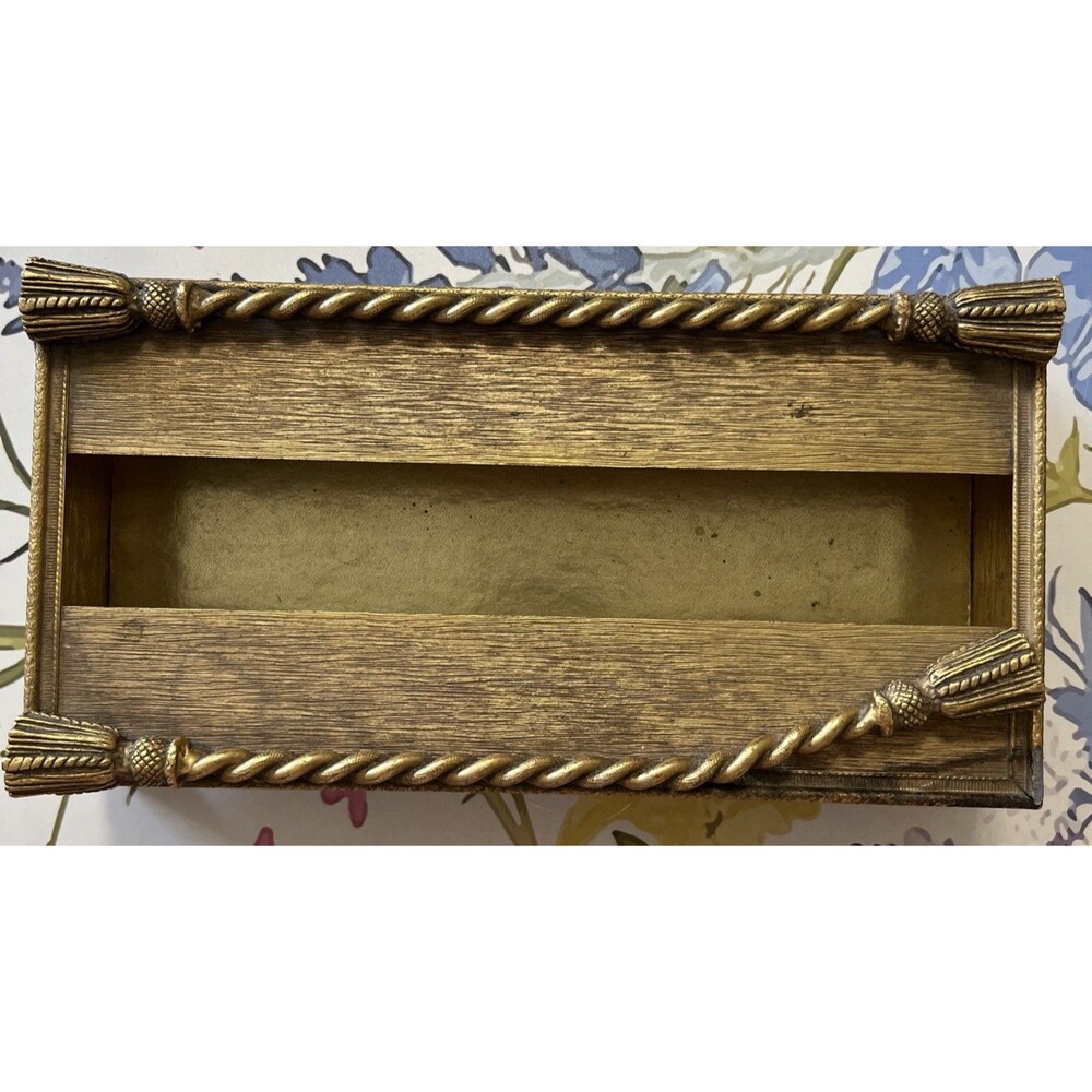 Vintage Hollywood Regency Gold Tone Tissue Box Filigree Holder Ornate Tassels